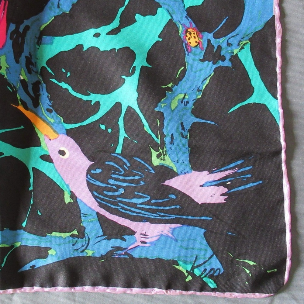 Vintage Ken Scott Scarf Womens Silk Dark Tropical Jungle Birds Novelty Colorful - Picture 12 of 15